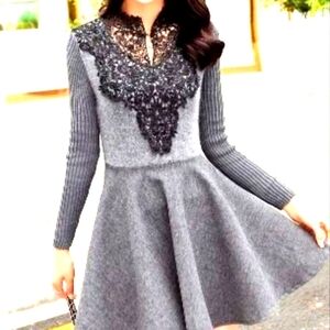 (S)⚘️Romantics w Lace Ribbed Warm Dress⚘️Ptp 17.5'×L 33.5"